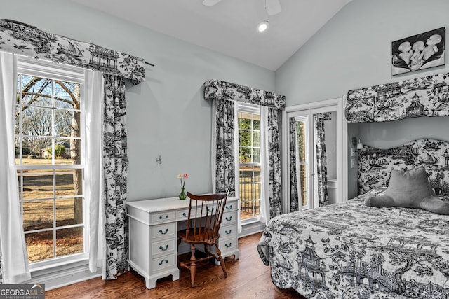 bedroom featuring lofted ceiling, access to exterior, multiple windows, and dark wood-type flooring