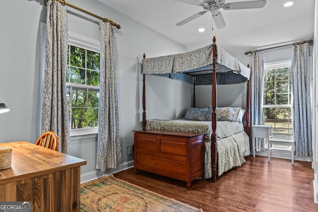 bedroom featuring ceiling fan, dark hardwood / wood-style floors, and multiple windows