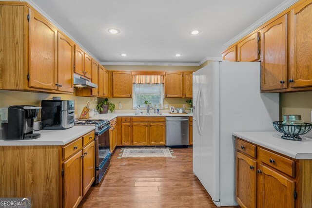 kitchen with black range with gas cooktop, light wood-type flooring, ornamental molding, dishwasher, and white fridge with ice dispenser