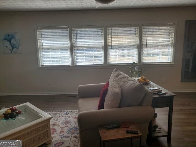 living room with a textured ceiling and dark hardwood / wood-style flooring