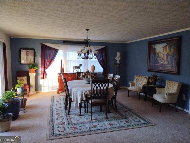 carpeted dining space with ornamental molding, a notable chandelier, and a textured ceiling