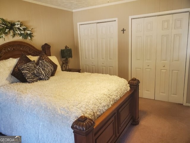 carpeted bedroom featuring multiple closets and ornamental molding