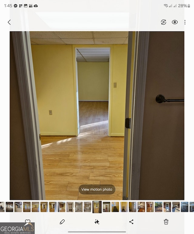 hallway featuring hardwood / wood-style floors and a drop ceiling