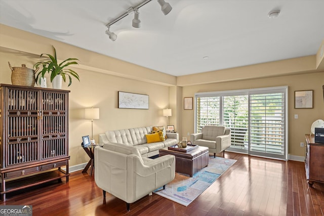 living room with wood-type flooring and rail lighting