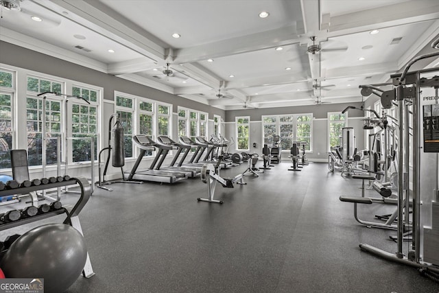 gym featuring ceiling fan and coffered ceiling