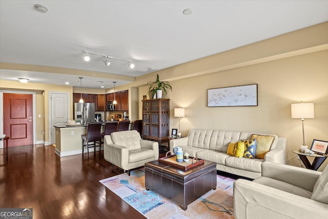 living room featuring dark wood-type flooring