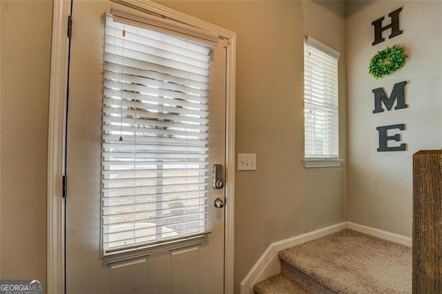 entryway with plenty of natural light and carpet floors