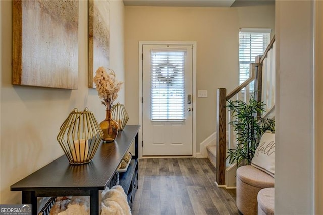 doorway to outside featuring plenty of natural light and dark hardwood / wood-style flooring