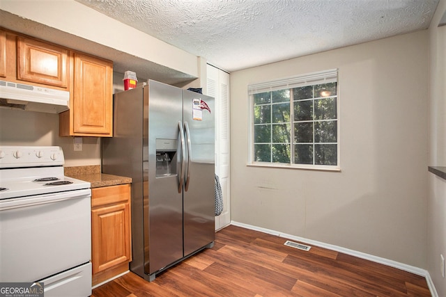 kitchen featuring dark hardwood / wood-style floors, white electric range, stainless steel fridge, and a textured ceiling