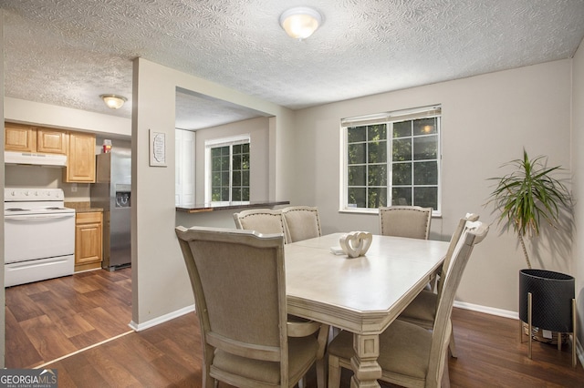 dining space featuring dark hardwood / wood-style floors and a textured ceiling