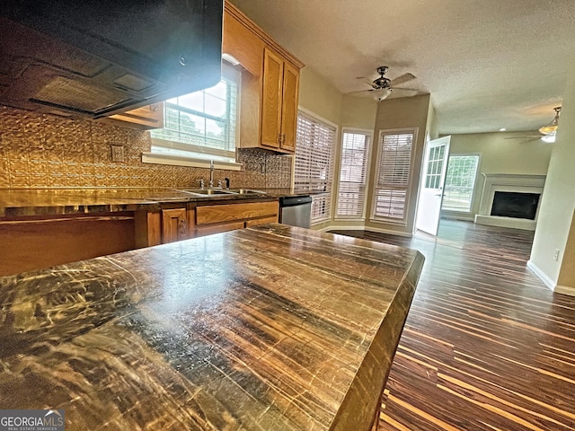 kitchen featuring extractor fan, dishwasher, sink, decorative backsplash, and ceiling fan