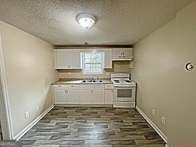 kitchen with white range with electric stovetop, light countertops, white cabinets, a sink, and under cabinet range hood