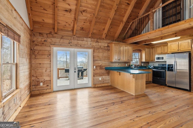 kitchen featuring a breakfast bar, stainless steel refrigerator with ice dispenser, range with electric stovetop, wooden ceiling, and kitchen peninsula