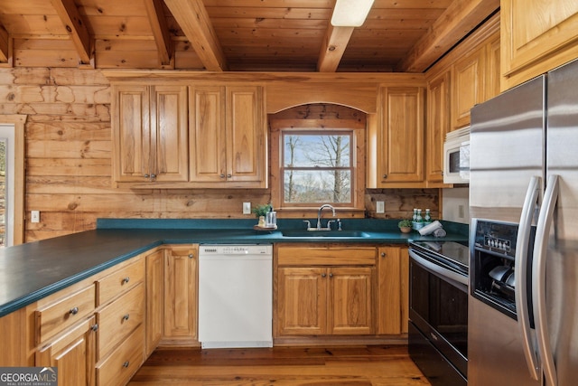 kitchen with sink, light hardwood / wood-style flooring, wooden ceiling, beamed ceiling, and white appliances