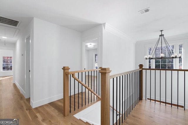 corridor featuring crown molding, light hardwood / wood-style flooring, and a notable chandelier