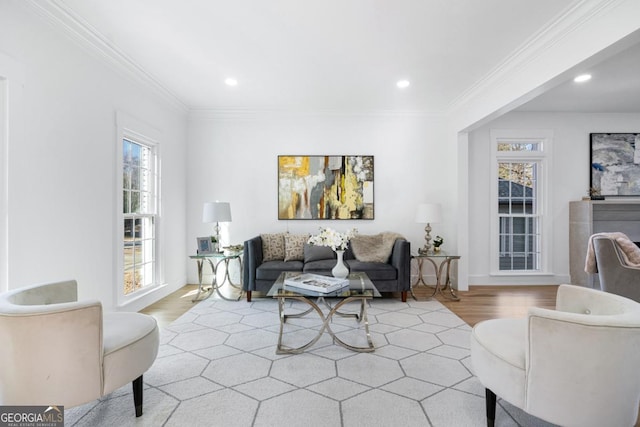 living room featuring ornamental molding, light hardwood / wood-style floors, and a healthy amount of sunlight