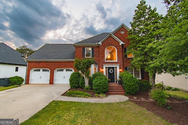 4222 Honey Creek Way, Powder Springs, GA 30127 - colonial home featuring brick siding, concrete driveway, a garage, a front yard, and a shingled roof