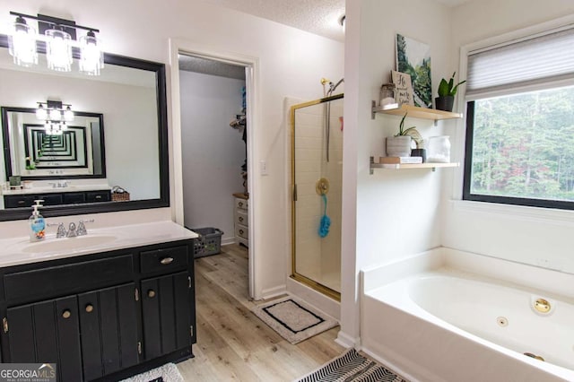 4222 Honey Creek Way, Powder Springs, GA 30127 - full bath featuring a shower stall, wood finished floors, a chandelier, a whirlpool tub, and vanity