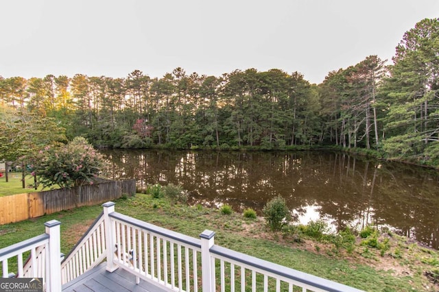 4222 Honey Creek Way, Powder Springs, GA 30127 - wooden deck with a water view and a wooded view