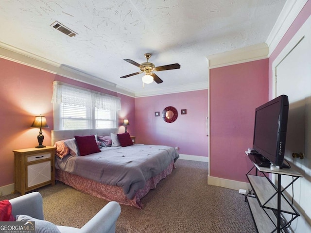 carpeted bedroom with ornamental molding, ceiling fan, and a textured ceiling