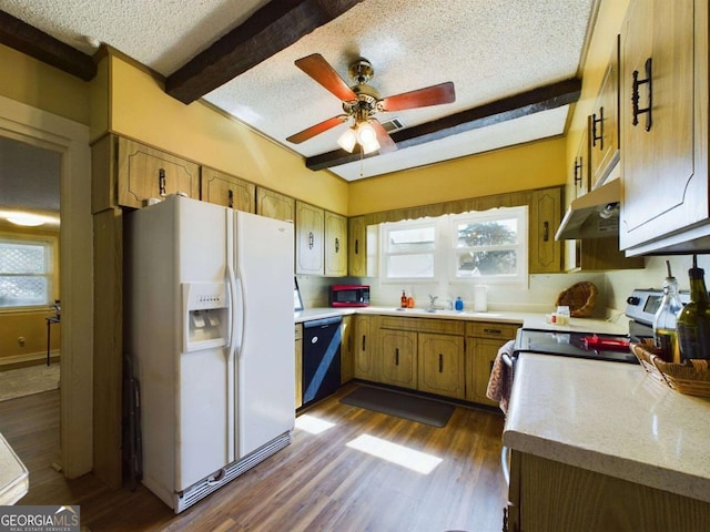 kitchen featuring beamed ceiling, black dishwasher, white fridge with ice dispenser, dark wood-type flooring, and a textured ceiling