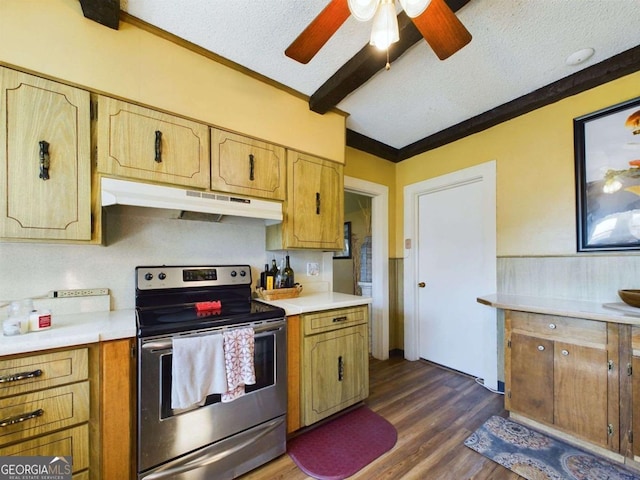 kitchen featuring electric stove, ceiling fan, ornamental molding, a textured ceiling, and dark hardwood / wood-style flooring