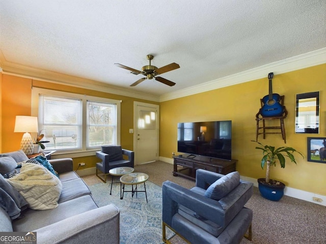 living room featuring crown molding, carpet flooring, and a textured ceiling