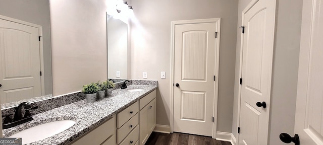 bathroom with wood-type flooring and vanity