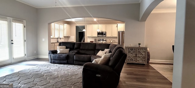 living room featuring crown molding, dark hardwood / wood-style floors, and sink