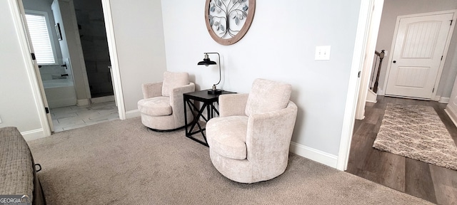 living area featuring carpet flooring