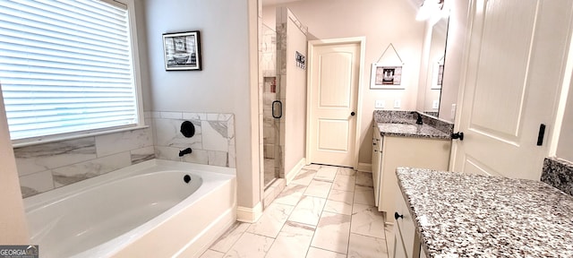 bathroom featuring vanity and plus walk in shower