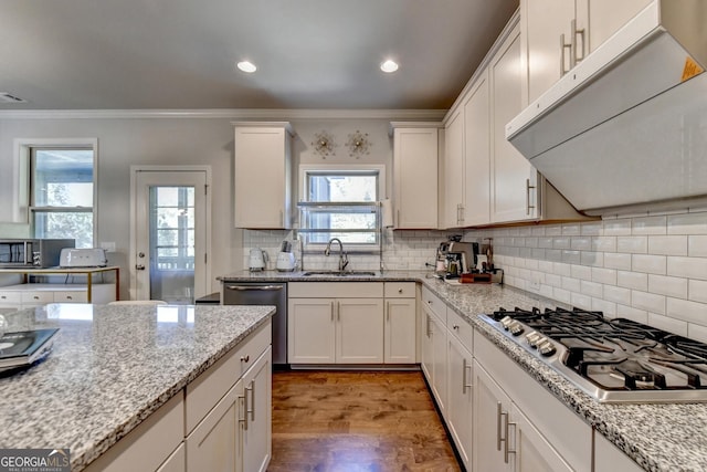 kitchen featuring sink, white cabinetry, ventilation hood, appliances with stainless steel finishes, and light stone countertops