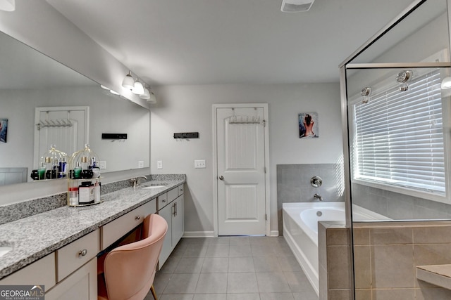 bathroom with vanity, separate shower and tub, and tile patterned floors