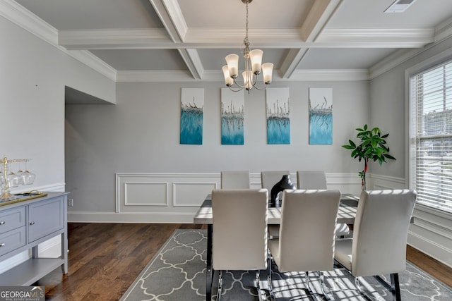 dining space with dark wood-type flooring, coffered ceiling, crown molding, a chandelier, and beamed ceiling