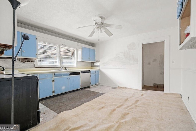 kitchen featuring blue cabinetry, ceiling fan, stove, ornamental molding, and stainless steel dishwasher