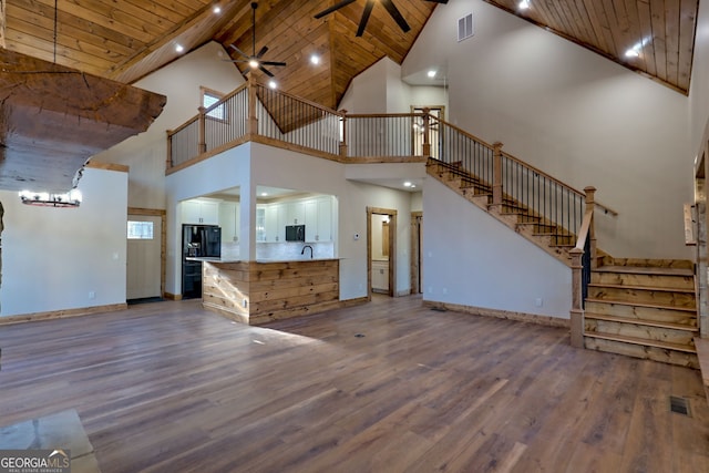 unfurnished living room with wood ceiling, ceiling fan, sink, and hardwood / wood-style floors