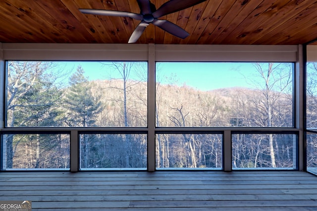 details with ceiling fan and wooden ceiling