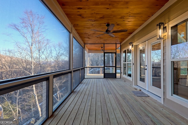 unfurnished sunroom featuring wooden ceiling and ceiling fan