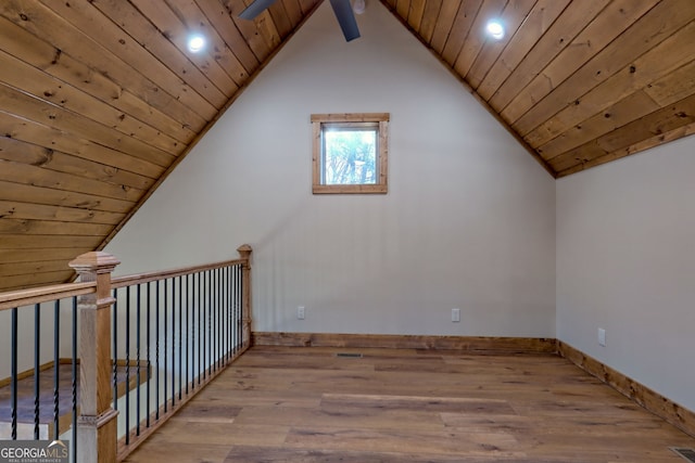 additional living space with lofted ceiling, light hardwood / wood-style flooring, and wooden ceiling