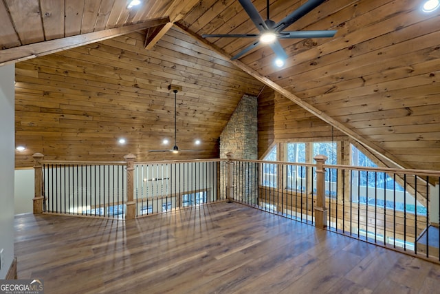 bonus room featuring hardwood / wood-style flooring, wood ceiling, and ceiling fan