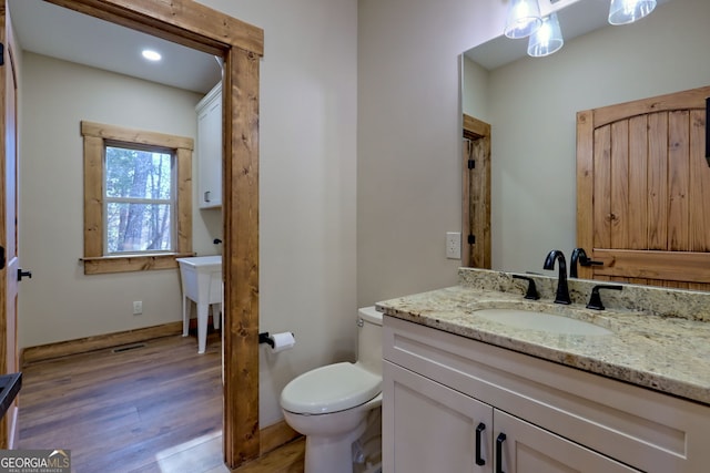 bathroom with vanity, hardwood / wood-style floors, and toilet