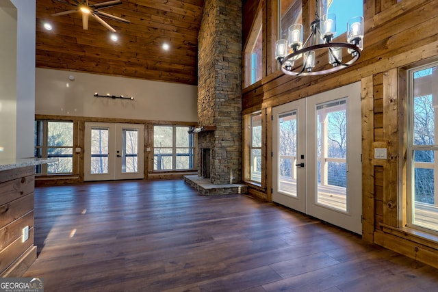 entryway with french doors, high vaulted ceiling, dark wood-type flooring, and wooden ceiling