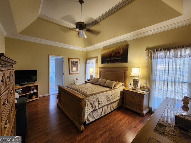 bedroom with crown molding, dark hardwood / wood-style floors, and a raised ceiling