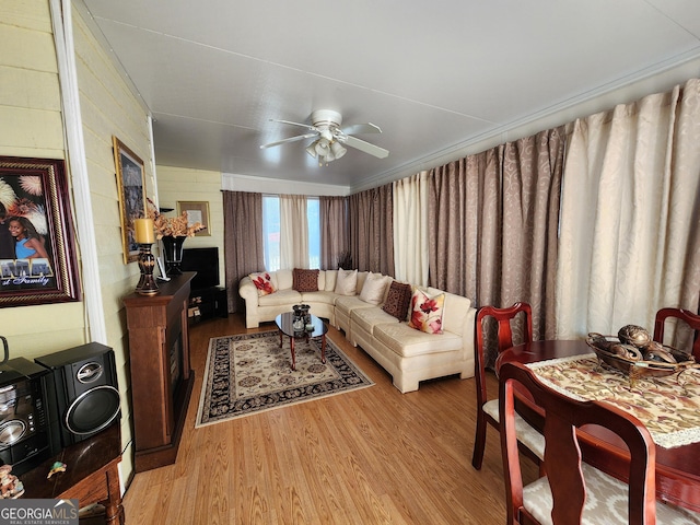 living room with ceiling fan and light hardwood / wood-style flooring