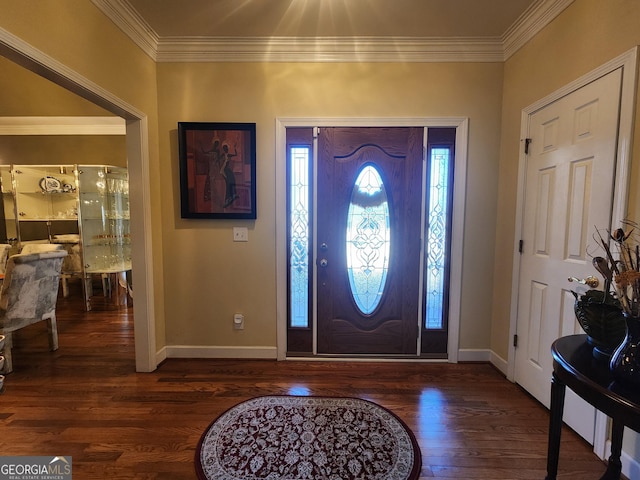 entrance foyer featuring crown molding and dark hardwood / wood-style floors