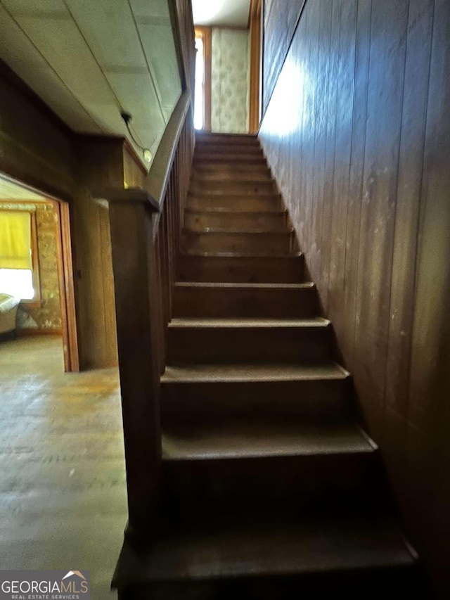 staircase with wood walls