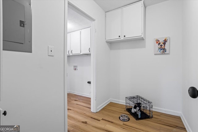 laundry area featuring cabinets, washer hookup, electric panel, and light wood-type flooring