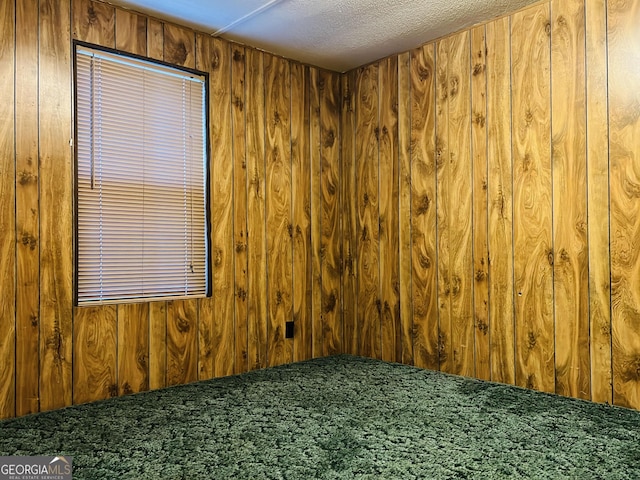 empty room with carpet floors, wooden walls, and a textured ceiling