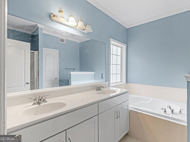 bathroom featuring vanity, crown molding, and shower with separate bathtub