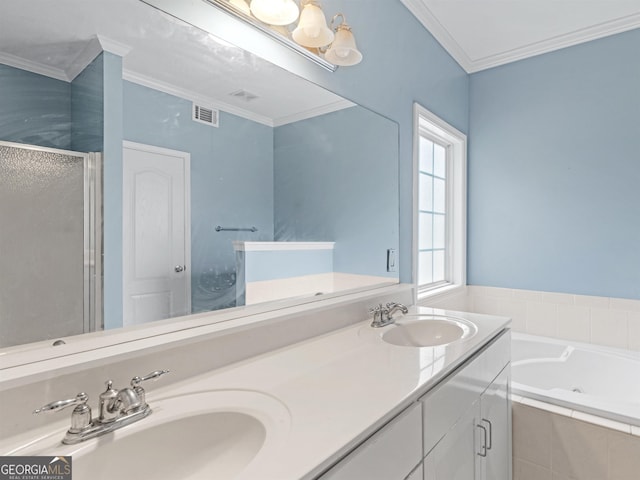 bathroom featuring vanity, ornamental molding, and plus walk in shower